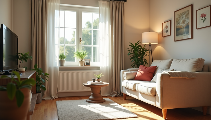 Eye-level view of a cozy living room with senior-friendly furniture and safety features