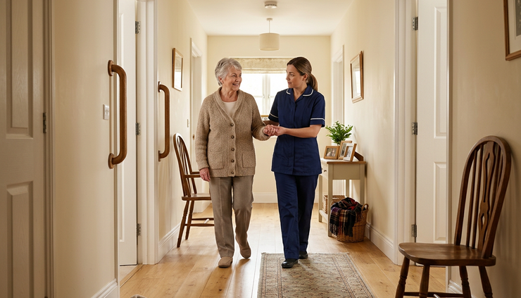Wide-angle view of a tidy hallway with grab bars and bright lighting in an older adult’s home.