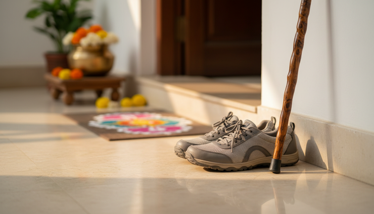 Close-up of supportive shoes placed beside a home entrance.