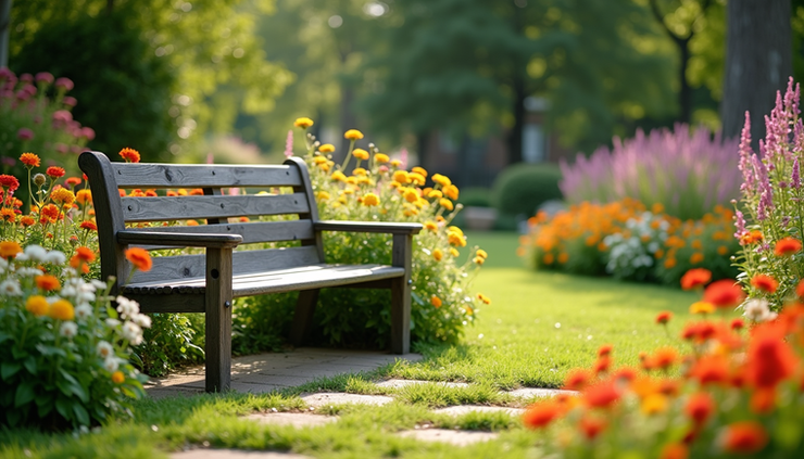 Eye-level view of a peaceful garden bench surrounded by blooming flowers in a sunny park