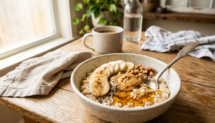 Eye-level view of a small bowl of oatmeal topped with banana slices and nut butter.