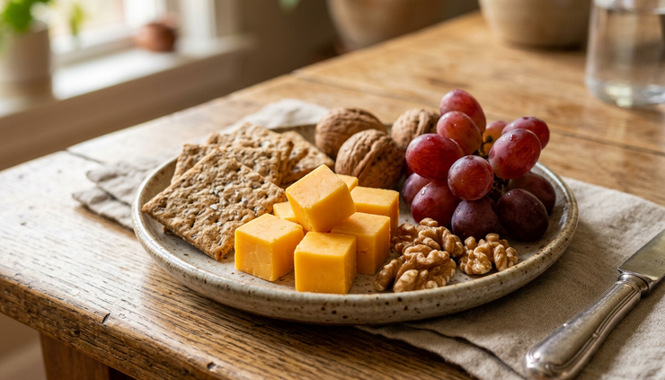 Close-up of a small snack plate with cheese cubes, crackers, grapes, and walnuts.