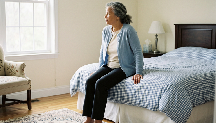 Eye-level view of an older adult sitting safely on a bed with feet placed on the floor.