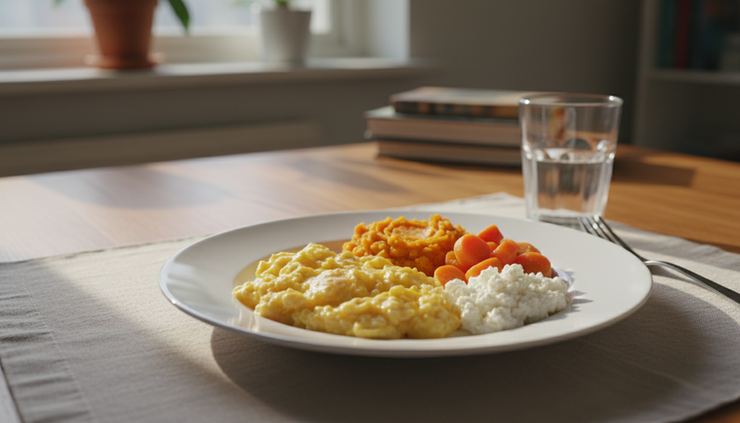 Close-up view of soft nourishing foods arranged on a simple plate.