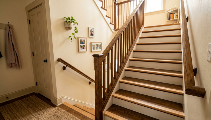 Wide-angle view of a well-lit residential staircase with clear steps and secure railings.