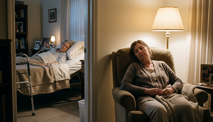 Eye-level view of a family caregiver resting in a nearby chair while an older adult sleeps safely.