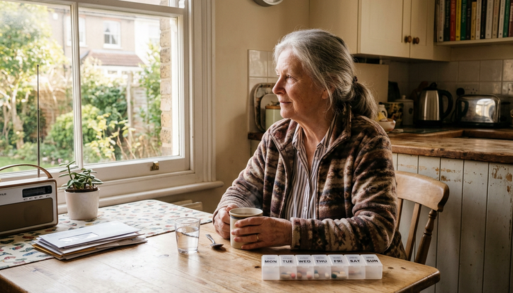 Eye-level view of an older adult sitting calmly at a kitchen table with a cup of tea.