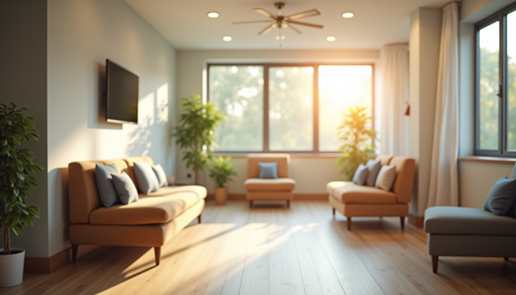 High angle view of a bright nursing home common area with comfortable seating and natural light