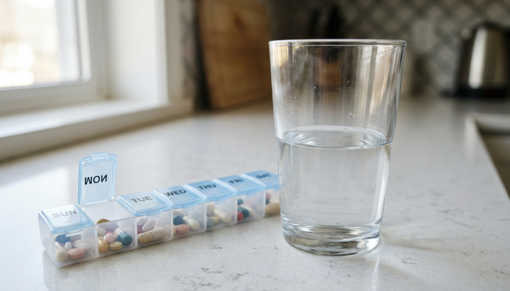 Close-up view of a glass of water and pill organizer on a kitchen counter.