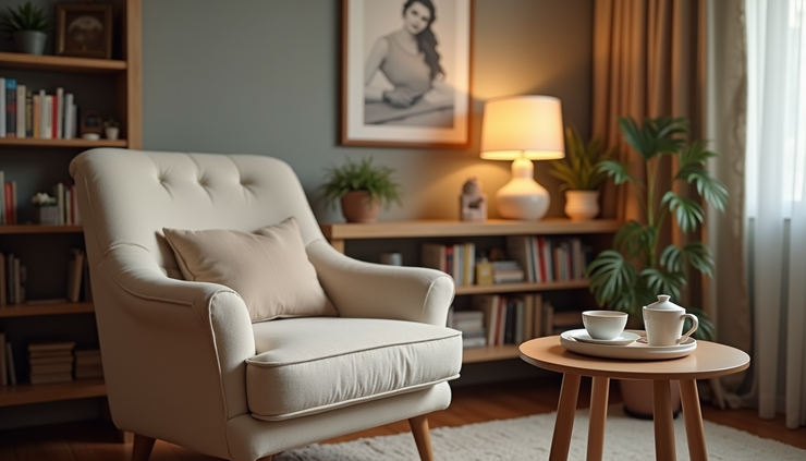 Eye-level view of a cozy living room with a comfortable armchair and a small side table with a cup of tea
