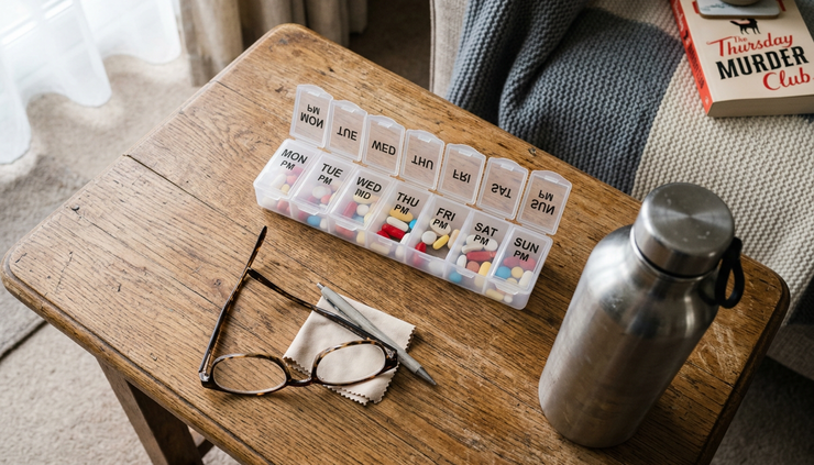 Overhead view of a weekly pill organiser beside reading glasses and a water bottle