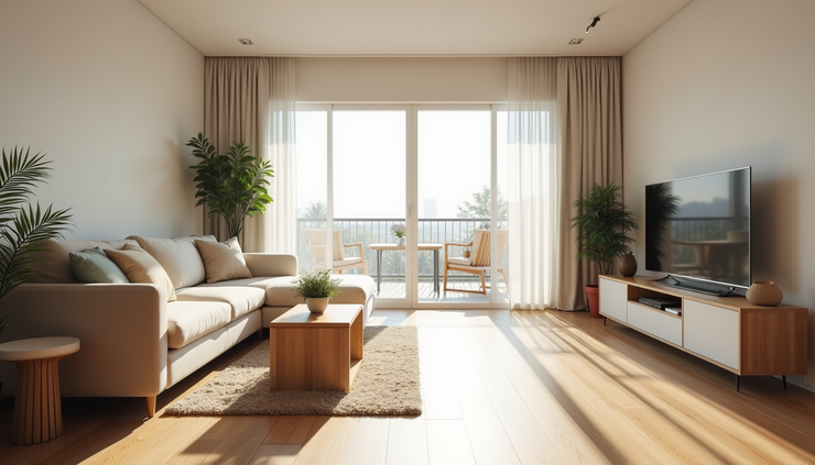 Eye-level view of a tidy living room with clear pathways and bright lighting