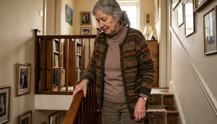 Eye-level view of an older adult holding a stair railing at home.