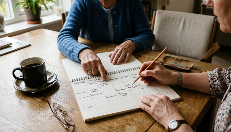 Overhead view of two hands reviewing a simple weekly care calendar at a dining table.