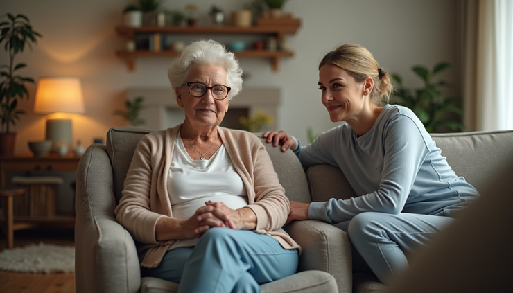 Eye-level view of a senior woman sitting comfortably in a cozy living room with a caregiver nearby