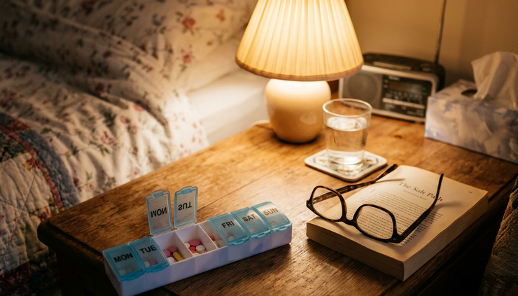 Close-up view of a weekly pill organizer and water glass on a bedside table.