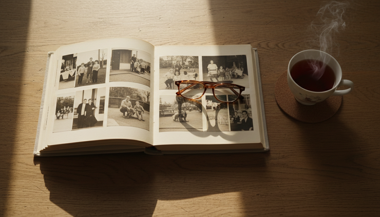 Overhead view of a family photo album open beside a cup of tea and reading glasses