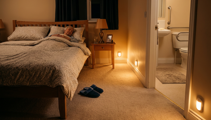 Wide-angle view of a clear nighttime path from bed to bathroom with soft floor lighting.