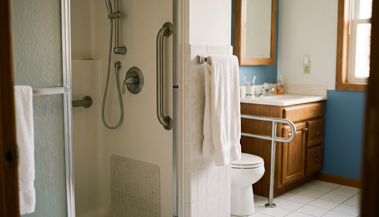 Eye-level view of a safe bathroom with grab bars and a non-slip shower mat.