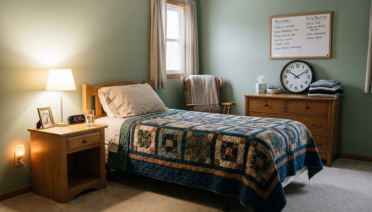 Wide-angle view of a tidy bedroom with a nightlight, clock, and clear walking path.