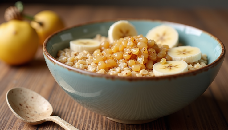 Eye-level view of a bowl of soft cooked oatmeal topped with sliced bananas and honey