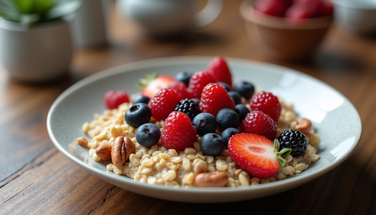 Eye-level view of a colorful breakfast plate with oatmeal, fresh berries, and nuts