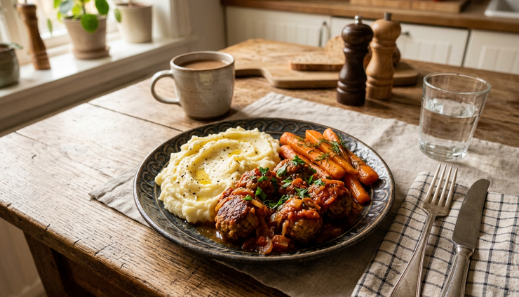 Overhead view of a soft dinner plate with mashed potatoes, sauced meatballs, and cooked carrots.