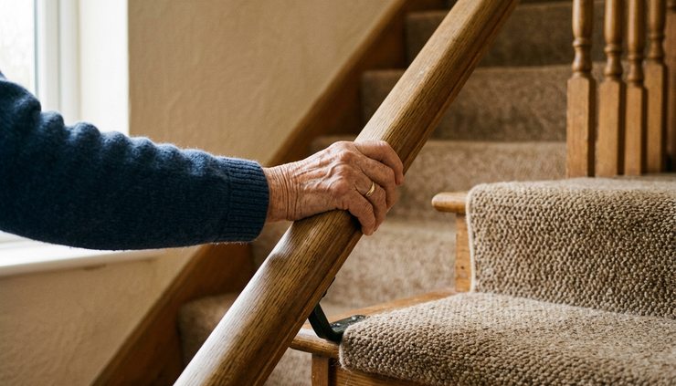 Close-up view of a hand gripping a stair railing beside a carpeted step.