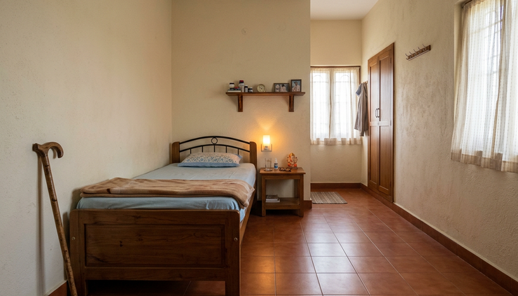 Wide-angle view of a simple bedroom with clear walking space and a night light