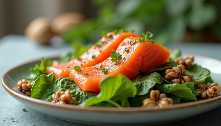 Eye-level view of a colorful salad with leafy greens, walnuts, and salmon
