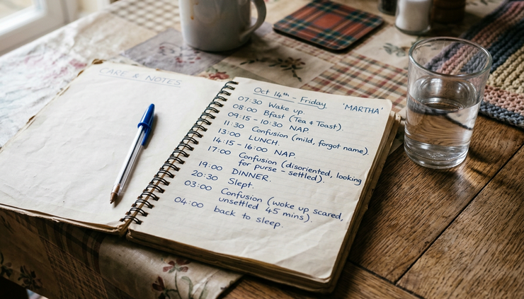 Close-up view of a notebook tracking sleep, waking times, and confusion episodes beside a cup of water.