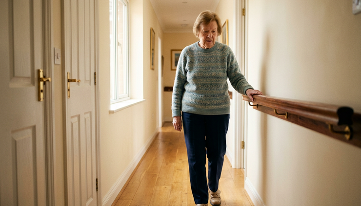 Wide-angle view of an older adult walking slowly down a hallway with a handrail.