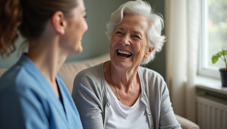 Close-up view of a caregiver and senior woman sharing a laugh at home