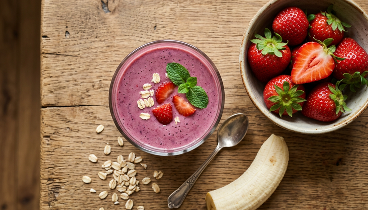 Overhead view of a banana berry smoothie in a glass beside fresh fruit and oats.