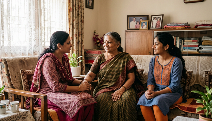 Eye-level view of an older adult sitting with family in a sunlit living room