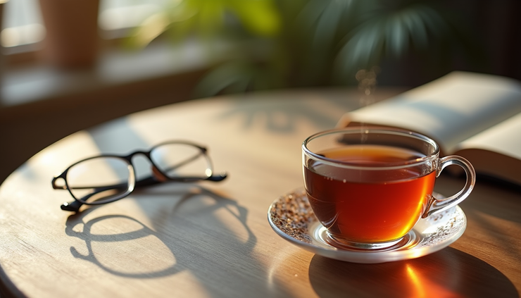 Close-up view of a cup of herbal tea on a cozy table with a book and glasses