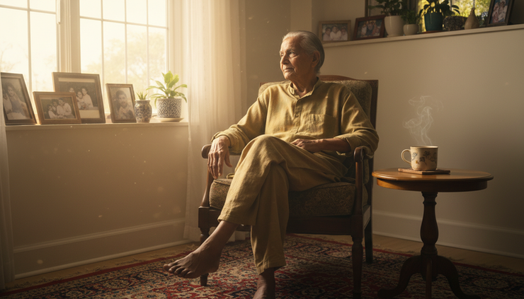 Eye-level view of an older adult sitting quietly near a window at home.