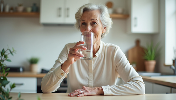 Eye-level view of a senior woman drinking water from a glass in a bright kitchen