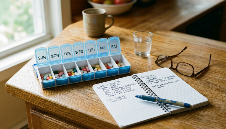 Close-up view of a weekly pill organizer beside a handwritten care notebook.