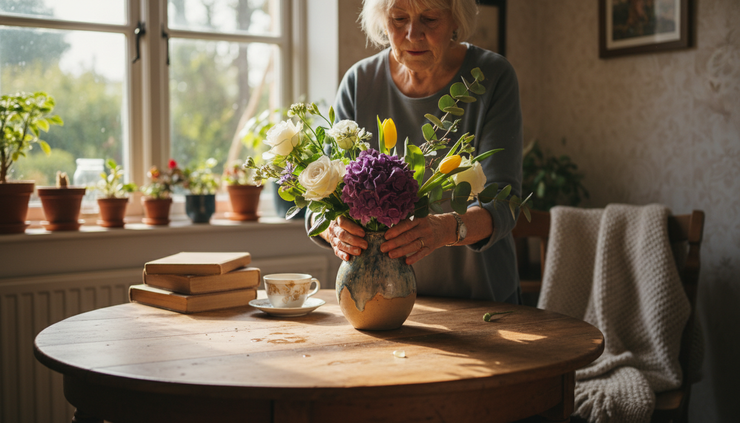 Eye-level view of an older adult arranging flowers at a sunny kitchen table