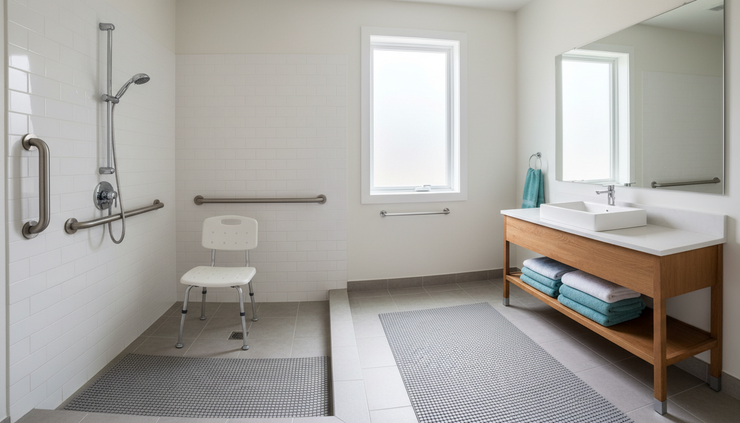 Wide-angle view of a clean bathroom with grab bars, a shower chair, and a nonslip mat
