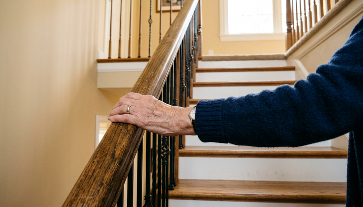 Low-angle view of an older adult using a handrail on a well-lit staircase at home.