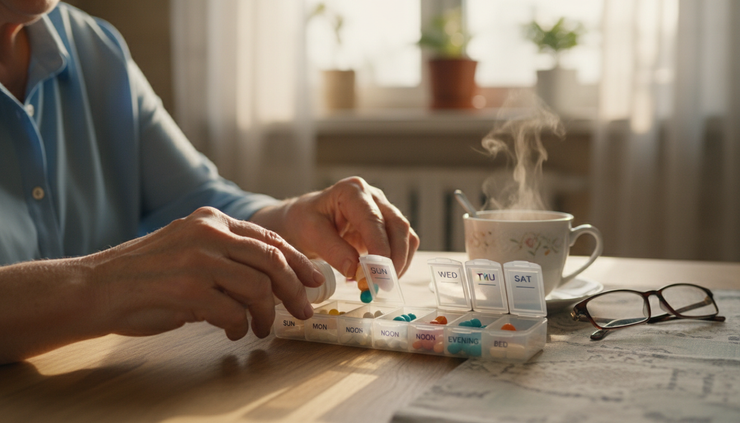 Close-up view of two older hands sorting a weekly pill organizer beside a cup of tea.