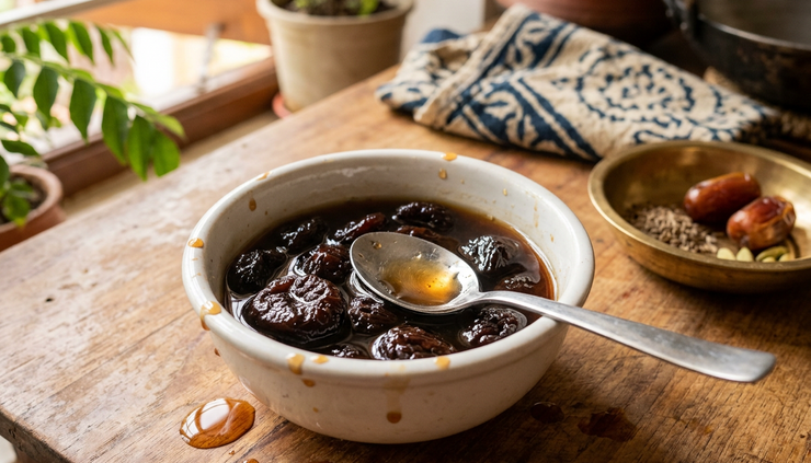 Close-up view of soaked prunes in a small bowl with a spoon.