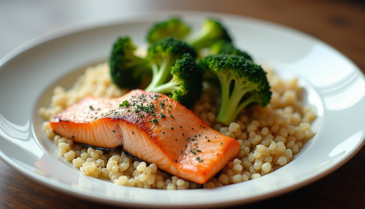 Eye-level view of a plate with grilled salmon, steamed broccoli, and quinoa
