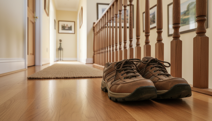 Low-angle view of comfortable walking shoes beside a hallway with clear lighting.