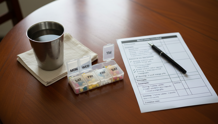 Overhead view of a weekly pill organiser beside a large-print medicine chart.