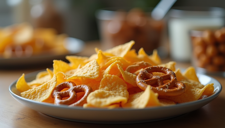 Close-up view of a plate with salty processed snacks