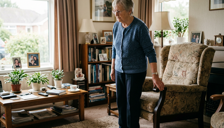 Eye-level view of an older adult pausing beside a living room chair after standing up.
