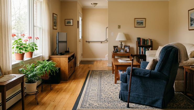 Wide-angle view of a tidy living room with clear walking paths for an older adult.